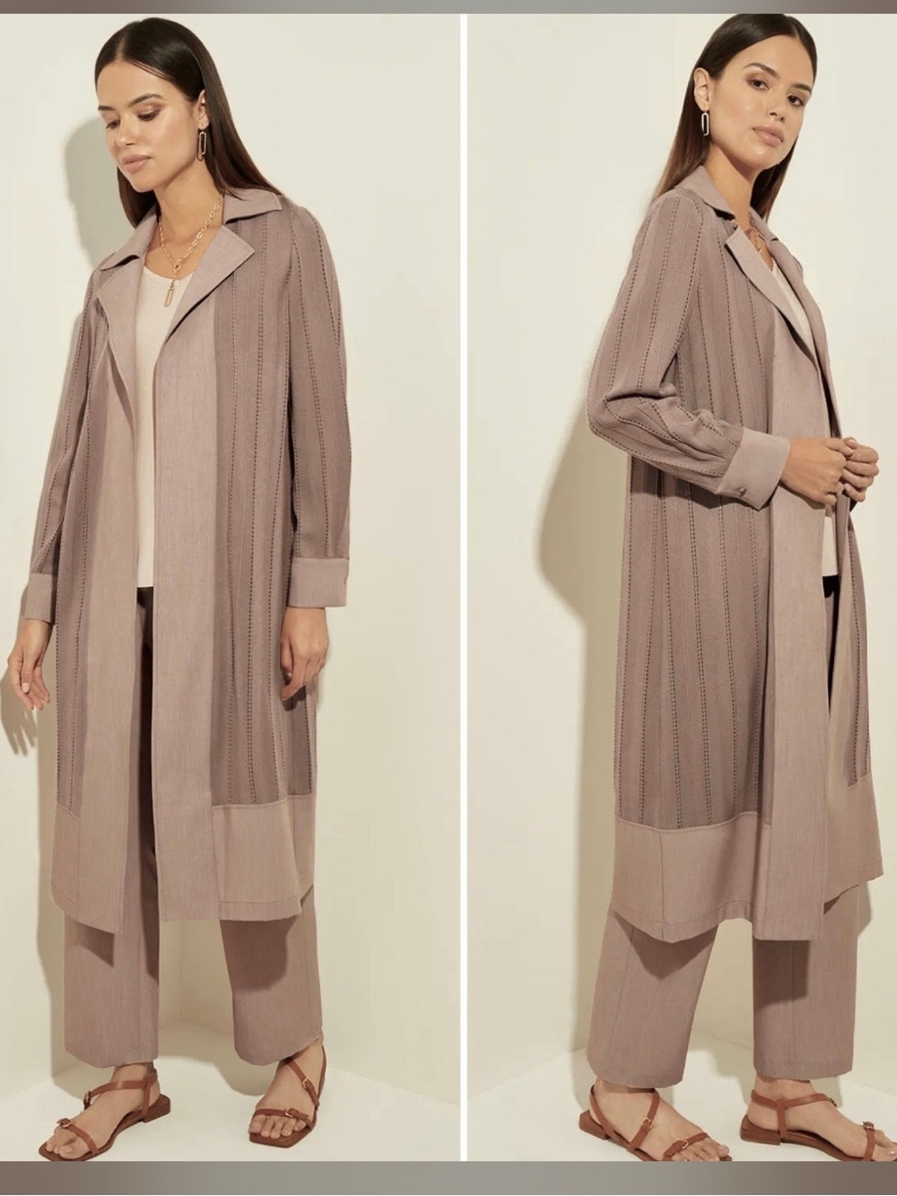 Misook Sheer Duster in Macchiato Taupe Long Open-Front Knit Cardigan relaxed Med